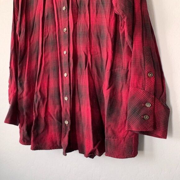 J.Jill Large Petite Red‎ Black Plaid Long Sleeve Button Up Tunic Blouse Pockets - Picture 3 of 6